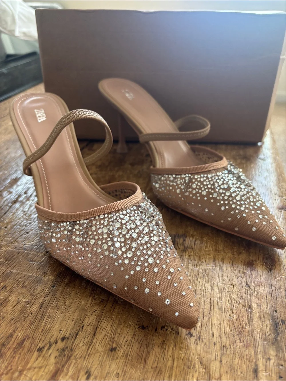 Zara Tan Crystal-Embellished Pointed Slingback Mules - Picture 1 of 4